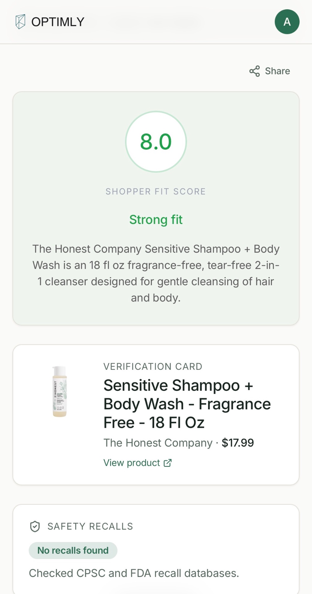 Real ShopperFit card for Honest Company Sensitive Shampoo showing score 8.0 Strong fit